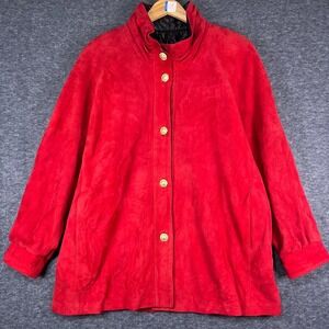 Dita Martin Design Red Suede Leather Jacket XL Gold Crest Buttons Made in Canada